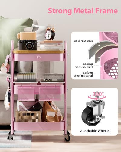 ALVOROG Rolling Cart with Drawer and Wood Table Top, 3 Tier Metal Rolling Utility Cart on Wheels with DIY Pegboards, Hanging Baskets,Hooks for Kitchen, Bedroom, Office, Craft Supplies - color: Cherry Blossom Pink