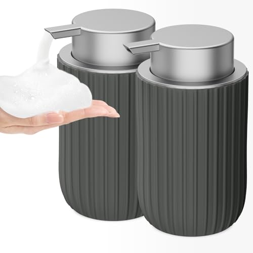 Ceramic Foaming Soap Dispenser, 12 oz Bathroom Foam Hand Soap Dispenser, Refillable Lotion Soap Dispenser with Removable Pump for Kitchen Hand Wash Dispenser, Modern Home Decor (2Pack-Matte Grey) - color: Matte Grey Silver-2pack