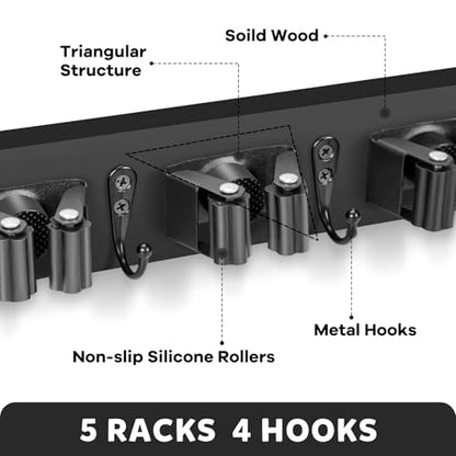 IMILLET Broom Holder Wall Mount, Wood Broom Holder with 5 Racks and 4 Hooks Broom Organizer, Laundry Room Organization and Storage, Mop Hanger for Home Organization, Garden, Garage, Closet (Black) - style: Wooden-5 Slots Black