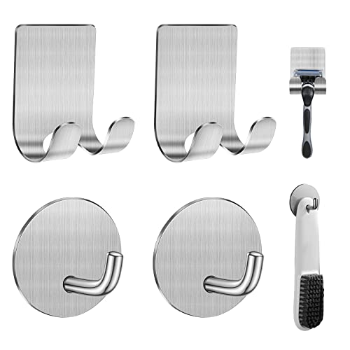 Diesisa Razor Holder for Shower + Adhesive Wall Hooks, Premium 304 Stainless Steel Shower Razor Holder with Heavy Duty Waterproof Sticky Hooks for Hanging Towels, Coat, hat (2+2 Pack) - color: Silver-4pcs