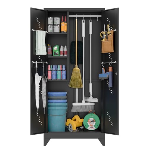 75" Metal Storage Cabinet with Lockable Doors, Functional Garage Storage Cabinets, Heavy-Duty Tool Organization Cabinet with Hanging Rod & S-Hooks (75" Utility Closet) - size: 75" Garage Cabinets