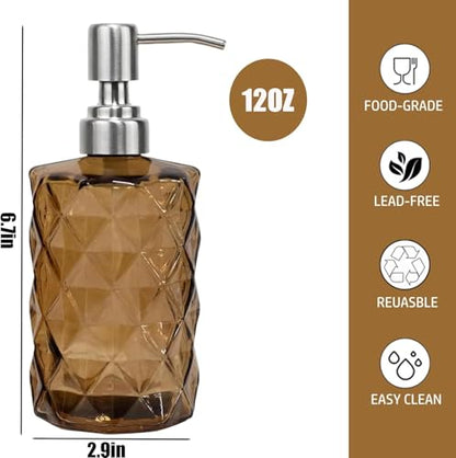 12Oz Brown Soap Dispenser Bathroom - 2 Pack, Clear Glass Hand Soap Dispensers with Stainless Steel Pump, Refillable Dish Soap Dispenser for Kitchen, Countertop Soap Dispensers - color: Diamond Brown（2-pack）