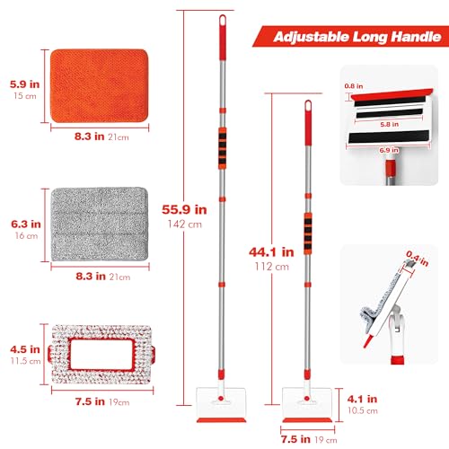 JEHONN Baseboard Cleaner Tool with Handle, 56 inches Base Boards Cleaning Mop Scrubber, 1 Stiff Bristles Brush, 2 Chenille and 2 Microfiber Pads, Wall Duster for Floorboard Ceiling Window Tile - color: Red