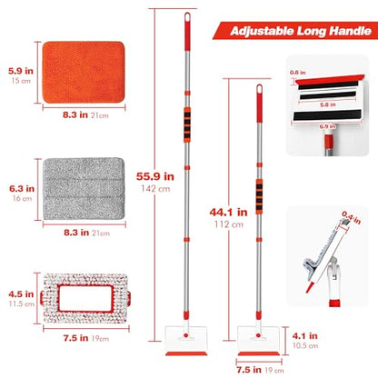 JEHONN Baseboard Cleaner Tool with Handle, 56 inches Base Boards Cleaning Mop Scrubber, 1 Stiff Bristles Brush, 2 Chenille and 2 Microfiber Pads, Wall Duster for Floorboard Ceiling Window Tile - color: Red
