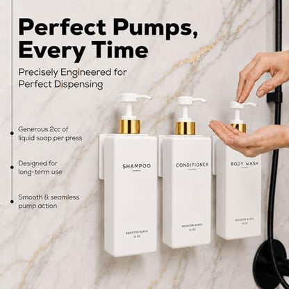 Luxury Shampoo and Conditioner Dispenser Set Wall Mounted by Brighter Barns - Refillable Shampoo Conditioner Body Wash Bottles - Wall Mounted Shower Dispenser for White and Gold Bathroom (White/Gold) - color: White/Gold