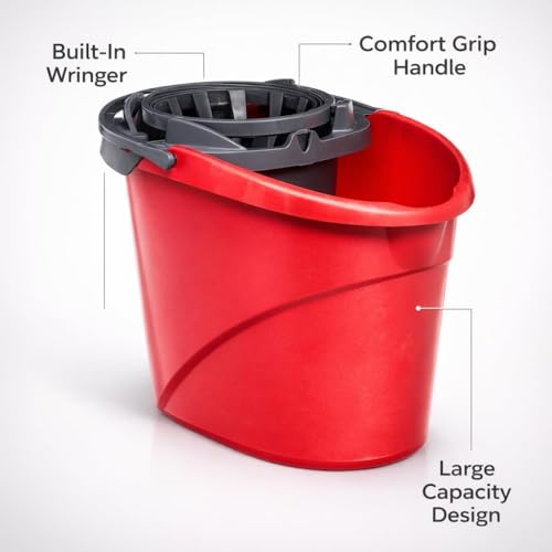 Mop Bucket with Wringer 2.5 Gallon, Compact Cleaning Bucket with Built-in Wringer, Easy Carry Handle for Floor Cleaning Home Kitchen Bathroom Use, Red
