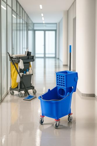 Blue 35-Quart Commercial Mop Bucket with Side-Press Wringer – Heavy-Duty Cleaning System for Restaurants, Hotels, Schools, Offices, and Industrial Floor Maintenance - color: Blue