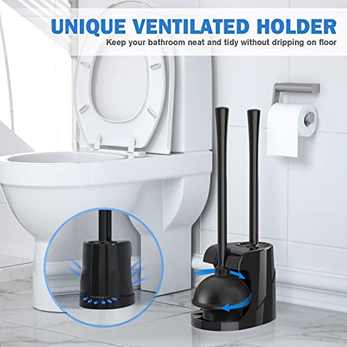 Toilet Plunger and Brush Set, Silicone Toilet Brush and Plunger with Holder for 5.7-inch Toilet Drain, 2-in-1 Toilet Brush Plunger Combo with Caddy Stand (Black)