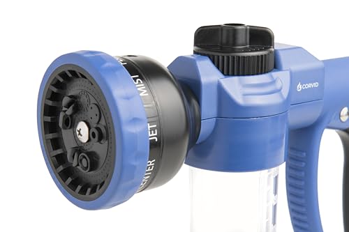 Corvid Adjustable Nozzle with Soap Dispenser, 8-Pattern Spray Hose Nozzle for Cleaning Cars, House, and Pets - Lightweight Plastic Design