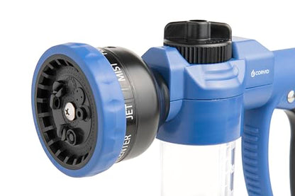Corvid Adjustable Nozzle with Soap Dispenser, 8-Pattern Spray Hose Nozzle for Cleaning Cars, House, and Pets - Lightweight Plastic Design