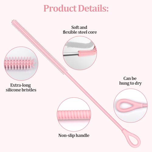 Silicone Straw Cleaner Brush, 2-Pack Extra Long Bristles Cleaner for Cleaning Stanley, Metal, Glass Straws, Drink Lids (Pink)