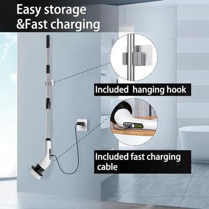 Cordless Electric Spin Scrubber - IPX7 Waterproof, LCD Display, 8 Brush Heads, Adjustable Extension Handle, for Shower, Bathtub, Tile, Grout, Kitchen, Bathroom Cleaning