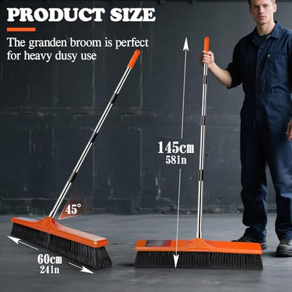 MASTERTOP 24" Yard Broom, Heavy Duty Garden Broom with Stiff Bristles, Outdoor Sweeping Brush,Push Broom for Warehouse Garden Garage Factory Patio Deck Driveways - color: Push Broom Tangerine
