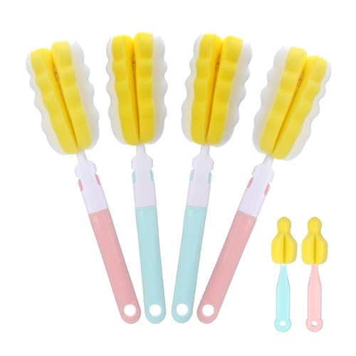 4 Pcs Bottle Brush Sponge, Cup Water Bottle Sponge Brush Cleaner, Detachable Cleaning Brushes for Cleaning with Handle for Glasses Mugs(4Pcs+2 Nipple Brushes) - size: 4Pcs+2 Nipple Brush