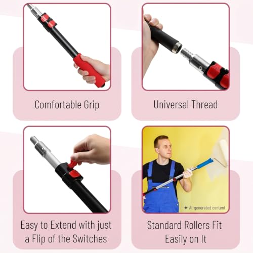 Bates- Telescopic Extension Pole, 3 Ft, Aluminum Alloy, Sturdy Multi-Purpose Extension Pole with Flip-Lock Design for Painting, Dusting and Cleaning - color: Black and Red, size: 3 Ft, 1 Pack