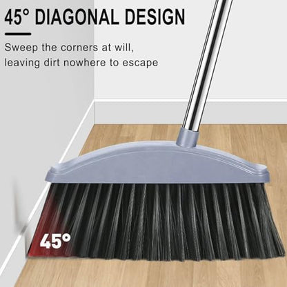 Long Handle Broom and Dustpan Set, Standing Storage, 28" Indoor Sweeping Combo for for Home & Kitchen, Broom with Dustpan Combo Set, Teeth Comb for Indoor&Outdoor