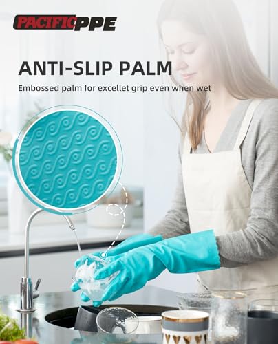 PACIFIC PPE 4 Pairs Reusable Dishwashing Cleaning Gloves with Latex Free, Cotton Lining, Kitchen Gloves, Green, Large - color: Green, size: Large (Pack of 4)