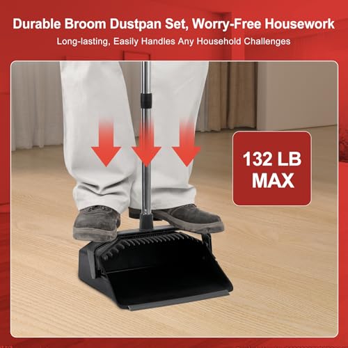 Tiumso 3-Pack Upright Broom with Dustpan Combo Set, Commercial Broom and Dustpan Set, Industrial Brooms and Dust Pan with Long Handle for Restaurant Kitchen Shop Warehouse Lobby Garage - Black - color: All Black