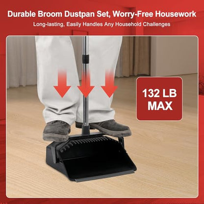 Tiumso 3-Pack Broom with Dustpan Combo Set, Commercial Broom and Dustpan Set, Dust Pan with Long Handle, 51'' Large Brooms with Self-Cleaning Dust Pan Teeth for Restaurant Lobby Garage - Black - color: Black
