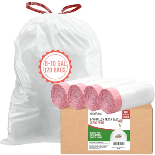 BEIDOU-PAC Trash Bags 8-10 Gallon Drawstring, 120 Count, Multifold Roll Garbage Bags, Large Kitchen Trash Bags, Odorless & Heavy Duty White Plastic Food Scrap Bags for Bathroom Bedroom Office Waste - style: 8-10 Gallon |120 Count