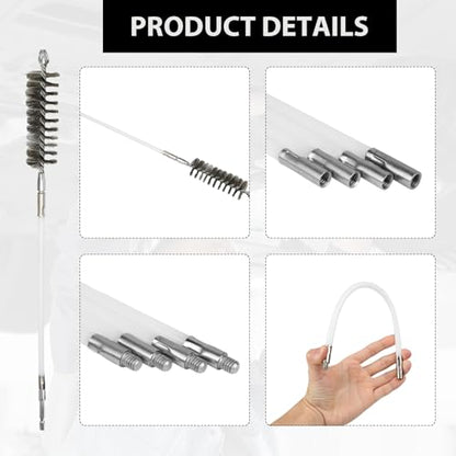50 Inch Pipe Cleaning Brush Set with Stainless Steel Bristles, Wire Brush with 4 Flexible Rods and Hexagonal Connecting Rod, Stainless Steel Pipe Brush Set (3/5, 1, 1 3/5, 2 in Brush Heads)