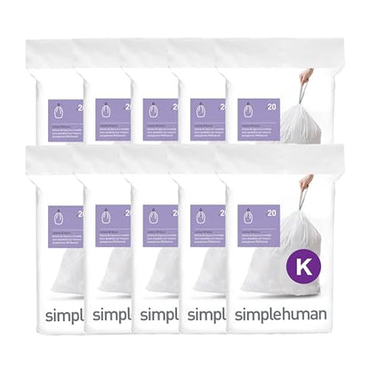 simplehuman Code K 200 Count Custom Fit Liners, Drawstring Kitchen Trash Bags, One-by-One Mess-Free Dispense, Extra Thick & Double Seamed, 50% PCR Plastic, 30-45 Liter / 8-12 Gallon, White - size: 200 Count (Pack of 1)