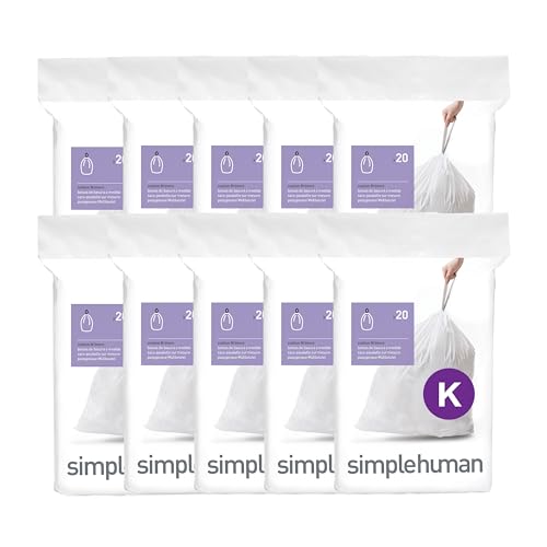 simplehuman Code K 200 Count Custom Fit Liners, Drawstring Kitchen Trash Bags, One-by-One Mess-Free Dispense, Extra Thick & Double Seamed, 50% PCR Plastic, 30-45 Liter / 8-12 Gallon, White - size: 200 Count (Pack of 1)