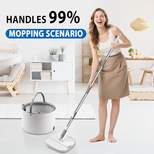 Spin Mop and Bucket with Wringer Set, 360° Spinning Mop Bucket with Separate Dirty and Clean Water System with 3 Microfiber Mop Pads and 52" Stainless Steel Adjustable Handle for Floor Wall Cleaning - color: White-2