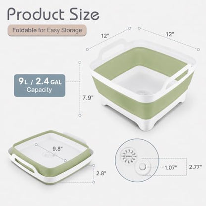 2.4 Gal(9L) Collapsible Dish Basin with Drain Plug, Space Saving Outdoor Multiuse Foldable Sink Tub, Dishpan, Kitchen Storage Tray for Camping, Vegetable Washing, RV (Green) - color: Green