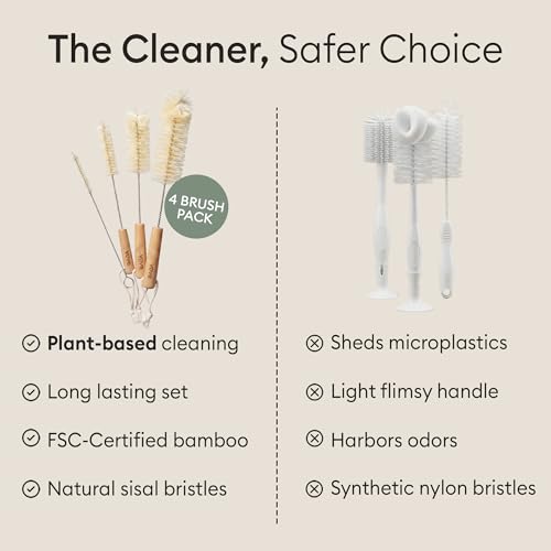 Vove Bottle Brush Set, 4 Natural Sisal Bottle Brushes with Long Bamboo Handles, Plastic-Free Bottle & Straw Cleaner Set, Zero Waste, Stainless Steel Wire, FSC Certified Bamboo, Kraft Packaging