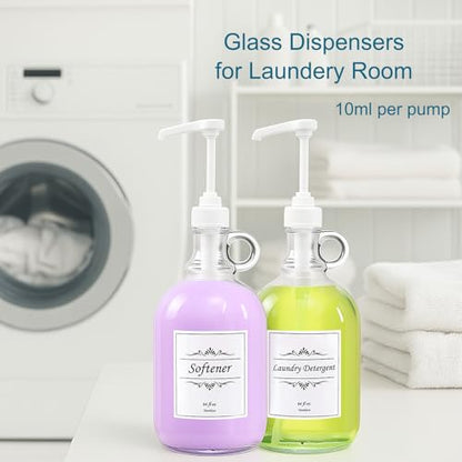 2 Pack Laundry Detergent Dispenser with Pump and Lid, 64 Oz Glass Bottles for Laundry Room Organization and Storage, Fabric Softener Dispenser for Washer
