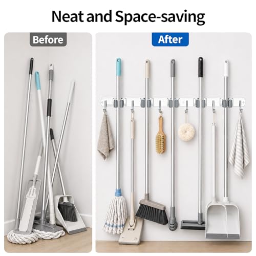 5 Racks and 6 Hooks Mop and Broom Holder Wall Mount, 304 Stainless Steel Broom Hanger Organizer for Home Kitchen Garden Laundry Garage - size: 5 Racks 6 Hooks