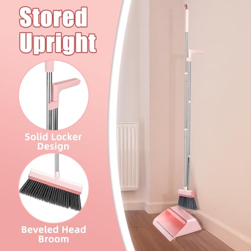 Broom and Dustpan Set, Heavy Duty Stand Up Dust Pan and Broom with 47'' Long Handle, Broom with Dustpan Combo Set for Home Floor Room Kitchen Office Lobby Indoor Outdoor Sweeping Broom Cleaning