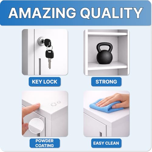 Metal Cleaning Cabinet with Lock – Broom Storage Cabinet with Tool Holders & Shelves – Slim Steel Utility Cabinet for Broom, Mop & Household Supplies – Grey