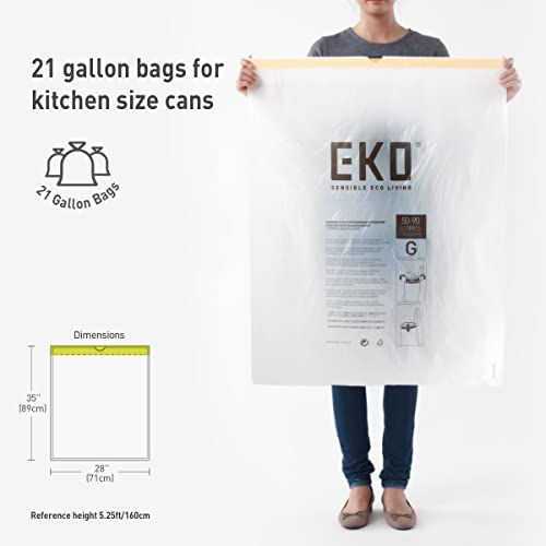 EKO 21 Gallon / 50-90 Liter, 60 Count Drawstring Trash Bags, Extra-Strong Unscented Garbage Bags, Easy-Dispense Roll for Kitchen & Household Use, Code G, White - size: 60 Count (Pack of 1), style: 21 Gallon Bags/Code G