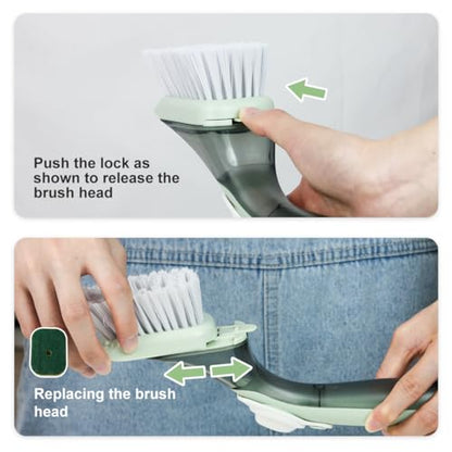 CQT Soap Dispensing Dish Brush Storage Set, Dish Scrubber with Handle, Kitchen Washing Brush for Pot Pan Sink Cleaning, Kitchen Brush with Holder and 1 Replaced Scouring Pad Head - color: Gray