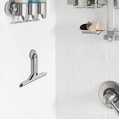 simplehuman Foldaway Shower Squeegee, Glass Squeegee for Bathroom Mirrors & Shower Doors, Weighted Handle for Streak-Free Clean, Suction Cup Hanger, Die-Cast Zinc & Anodized Aluminum