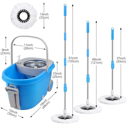 Spin Mop and Bucket with Wringer Set, 3 Washable Microfiber Pads Included for Floor Cleaning, Adjustable Stainless Steel Handle, Easy Moving with Wheels, Blue - color: Blue