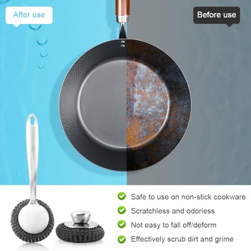 5Pcs Stainless Steel Wool Scrubber Sets, with Long & Short Handle & 3Pcs Detachable Pads, Metal Pot Scrubbers for Cleaning Dishes Iron Pots Stoves