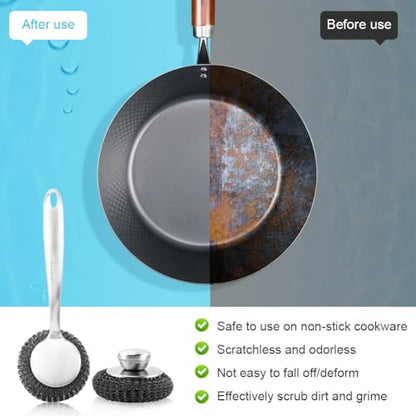 5Pcs Stainless Steel Wool Scrubber Sets, with Long & Short Handle & 3Pcs Detachable Pads, Metal Pot Scrubbers for Cleaning Dishes Iron Pots Stoves