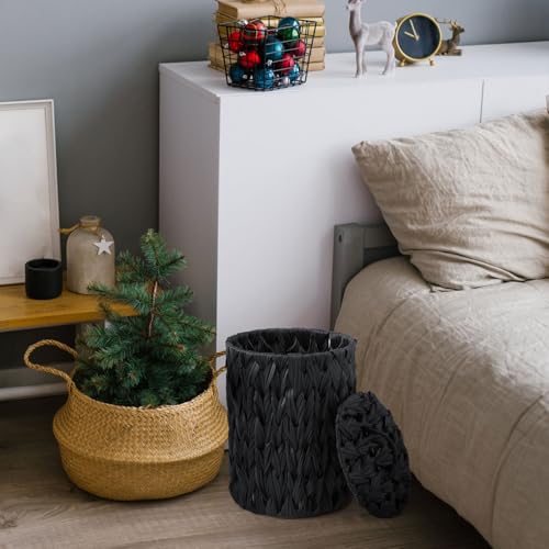 Ctosree 1.3 Gallons Small Trash Can with Lid Handle Boho Woven Braided Bathroom Waste Basket Trash Can with 100 Garbage Bags for Bedroom Office Laundry(Braided Polypropylene, Black) - color: Black, style: Braided Polypropylene