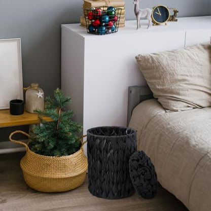 Ctosree 1.3 Gallons Small Trash Can with Lid Handle Boho Woven Braided Bathroom Waste Basket Trash Can with 100 Garbage Bags for Bedroom Office Laundry(Braided Polypropylene, Black) - color: Black, style: Braided Polypropylene