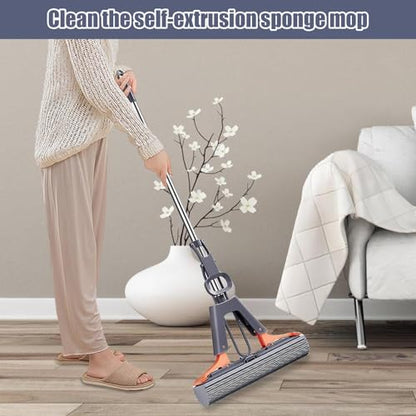 Squeeze Mop – Effective Floor Mop, Easy Squeeze Cleaning Tool | PVA Sponge Mop with Extendable Handle, 2 Refill Sponge Heads Included, Absorbent Roller Mop for Kitchen, Bathroom, and Balcony - size: 33.8cm
