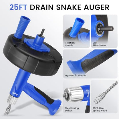 XJX Drain Auger, Plumbing Snake with Drill Adapter, 25FT Flexible Steel Drain Clog Remover, Manual or Powered for Kitchen, Bathroom & Shower Sink, with Gloves and Storage Bag - color: Bule