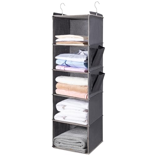 BOOMIBOO Hanging Closet Organize and Shelves，5-Hanging Shelf with 2 Side Pockets，Storage Foldable （Grey） - color: Grey, size: 1