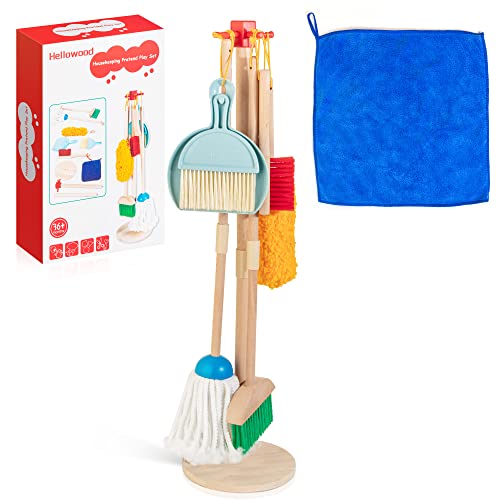Kids Cleaning Set, 8 Pcs Wooden Housekeeping Play Set Includes Broom Mop Duster Dustpan Brushes Rag and Organizing Stand, Cleaning Toys Gift for Toddlers Girls Boys Age 3-6, Solid Beech Wood