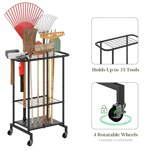 Garden Tool Organizer with Wheels, Yard Tool Rack Heavy Duty Steel Tool Organizer and Storage Holder Broom Holder for Garage, Shed, Patio, Indoor/Outdoor - style: Rack with Wheels
