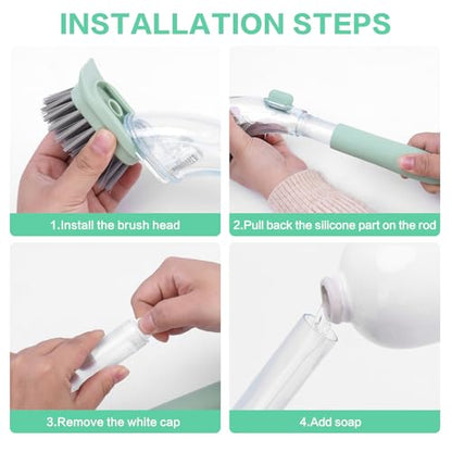 Dish Brush with Soap Dispenser, Green Ergonomic Handle Spring-Loaded Bowl Brush for Kitchen Sink – Quick Clean Dish Scrubber Brush with Soap Dispenser for Dishes, Pots, Bowls