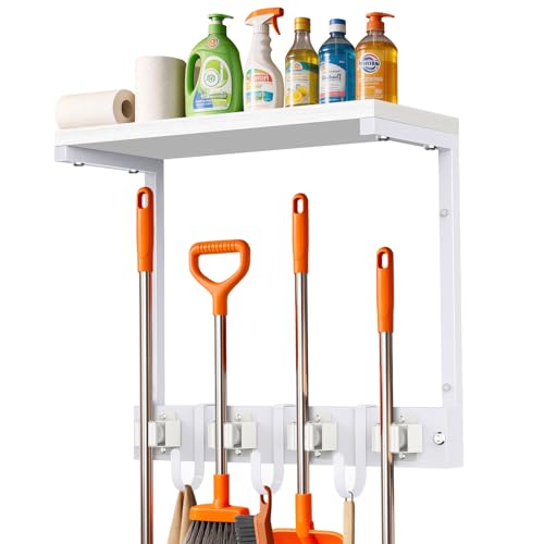 Supforce Small Broom Holder Wall Mount with Cleaning Supplies Organizer, White - color: White, size: Small