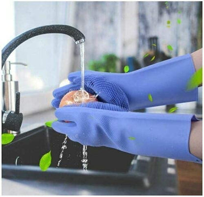 Silicone Dishwashing Gloves, Pet Grooming Rubber Scrubbing for Dishes, Sponge Wash Cleaning with Scrubbers (13.6" L) - color: Blue